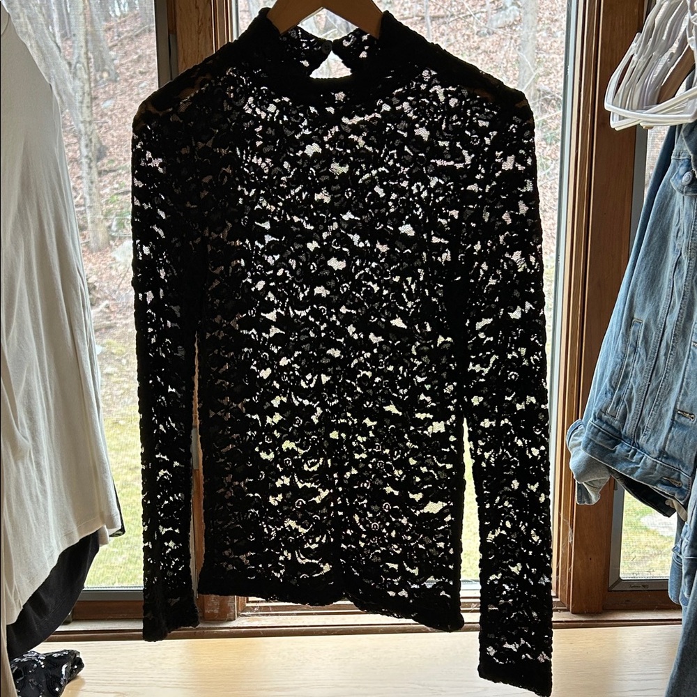 LOFT Black Sheer Lace Long-Sleeve Mock Neck Top